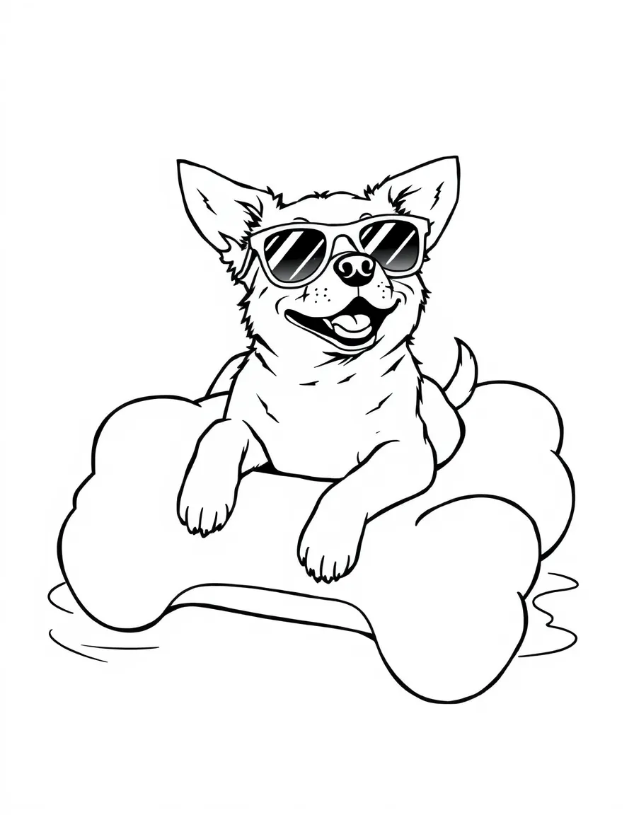 A dog wearing tiny sunglasses, lounging on a giant bone-shaped floatie.