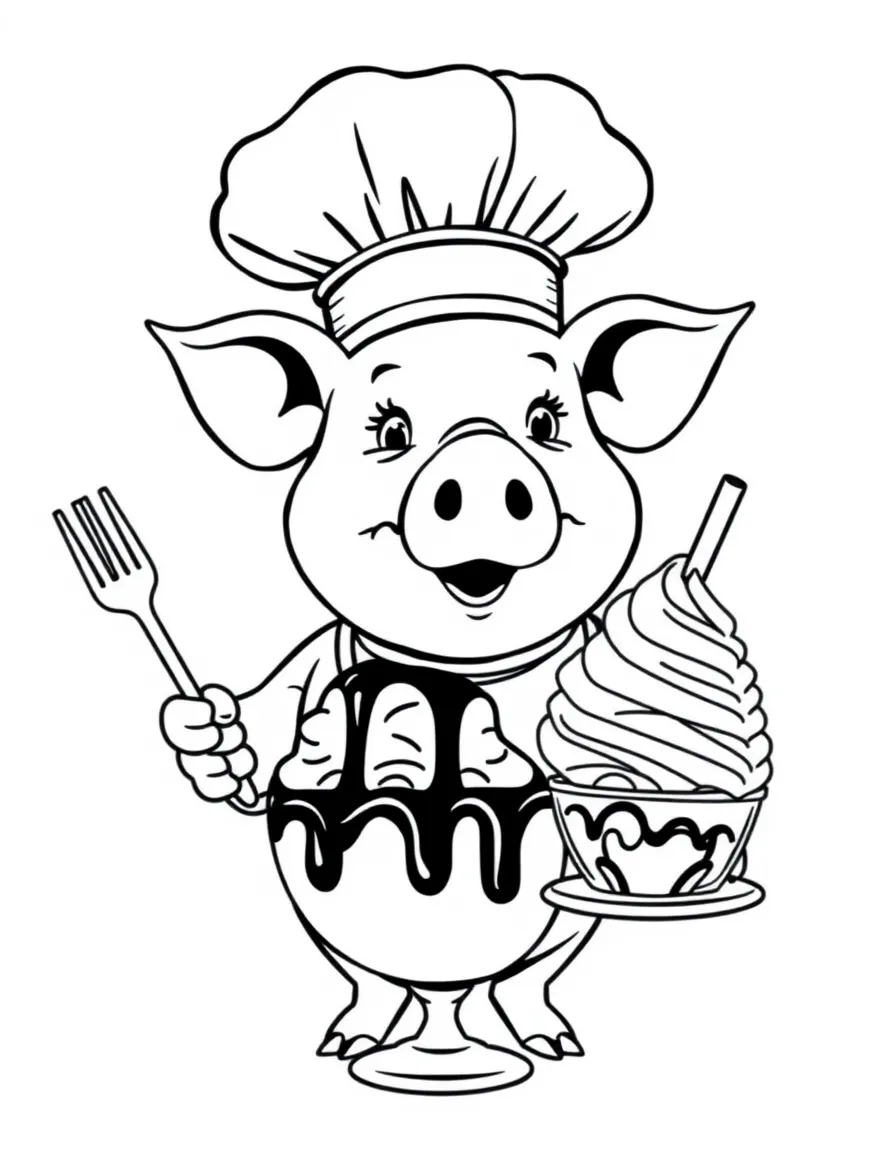 A pig wearing a tiny chef's hat, serving giant hot fudge sundaes.