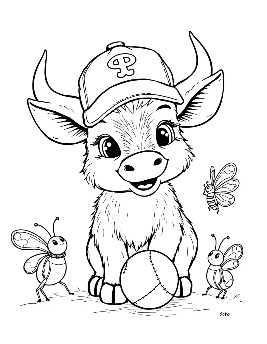 An ox wearing a tiny baseball cap, playing baseball with friendly bugs.