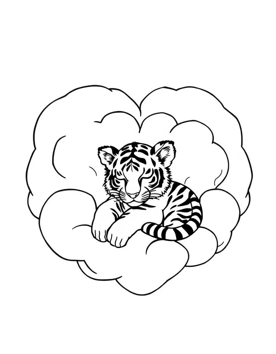 A tiger cub napping in a giant, cozy cloud shaped like a heart.