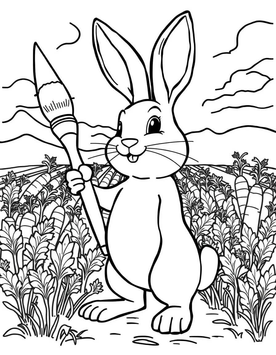 A rabbit holding a giant paintbrush, painting a mural of a carrot field.