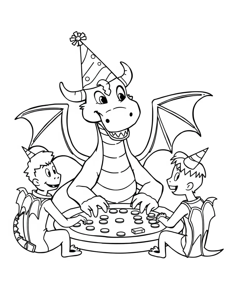 A dragon wearing a party hat, playing board games with friends.