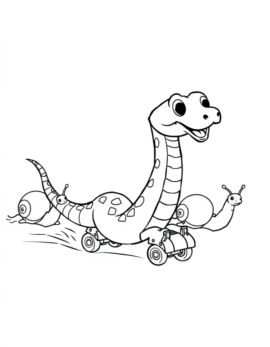 A snake wearing tiny roller skates, racing a group of snails.
