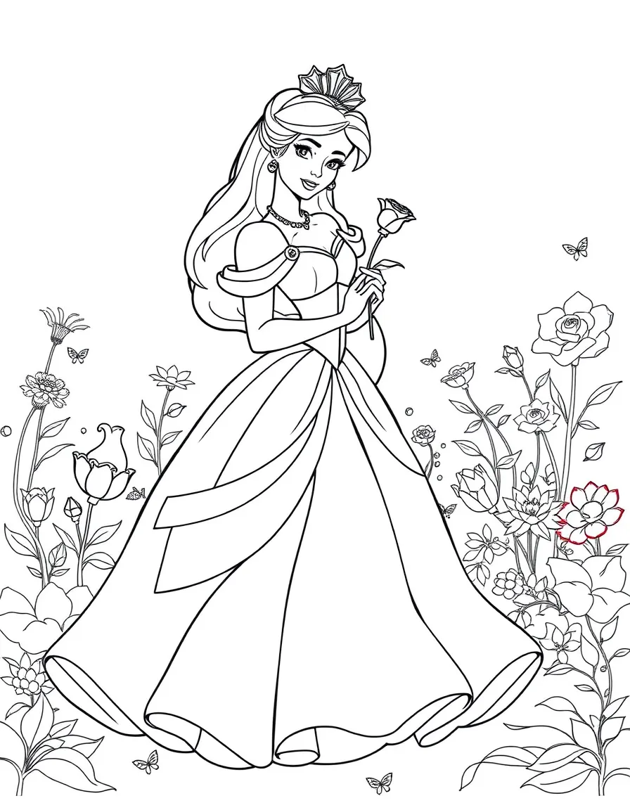 A beautiful princess with a flowing gown, holding a single rose, standing in a magical garden.