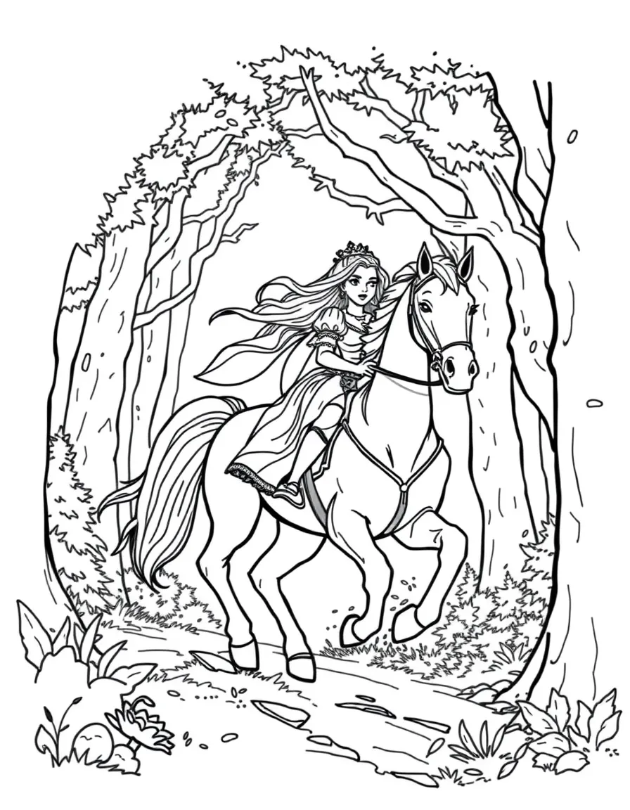 A brave princess riding a majestic horse through an enchanted forest, her hair blowing in the wind.
