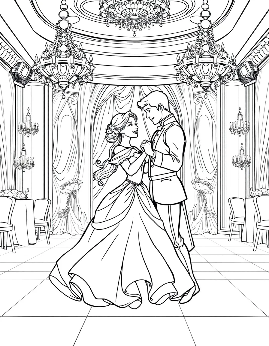 A princess dancing gracefully with a charming prince in a grand ballroom, surrounded by sparkling chandeliers.