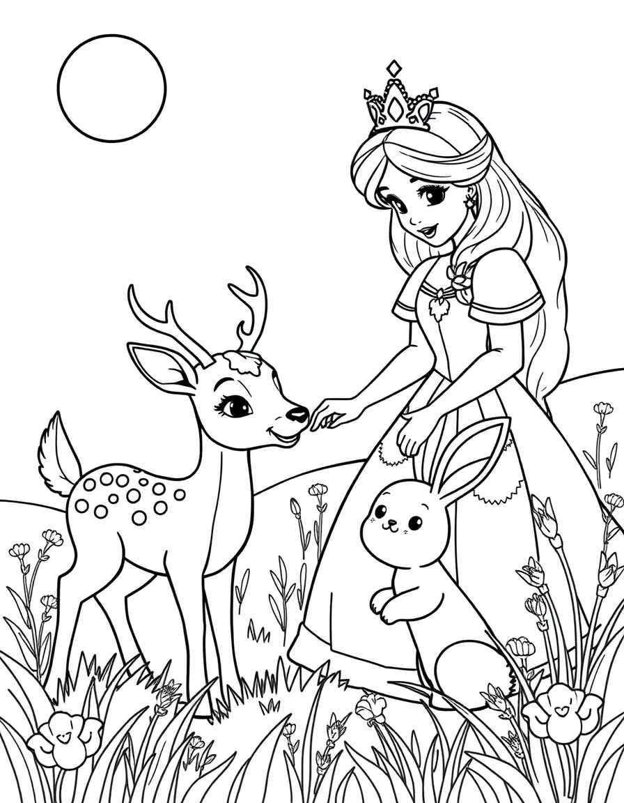 A kind princess feeding a friendly deer and a playful bunny in a sunny meadow.
