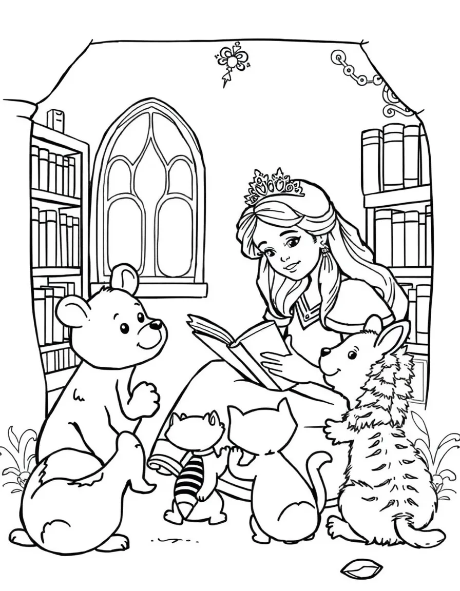 A princess reading a story to a group of curious little animals in a cozy library.