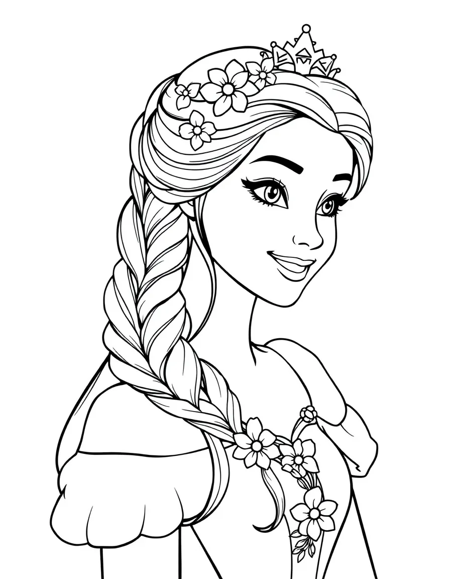 A princess with a long, braided hairstyle, adorned with delicate flowers, smiling gently.