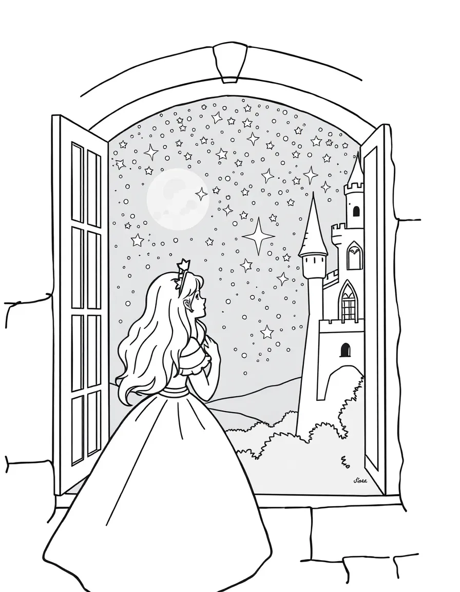 A princess looking out of a castle window at a starry night sky, dreaming.