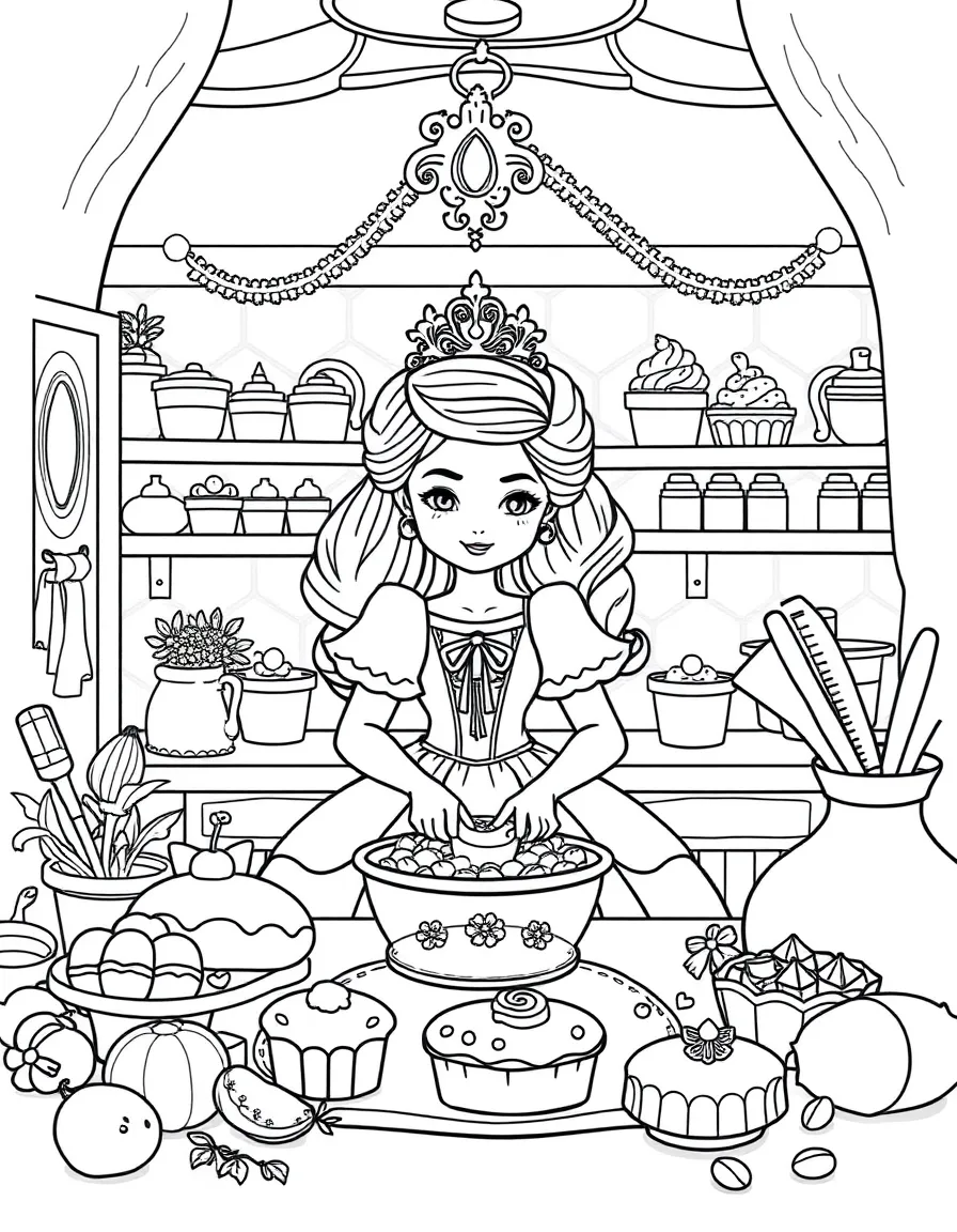 A princess baking delicious treats in a royal kitchen, surrounded by yummy ingredients.