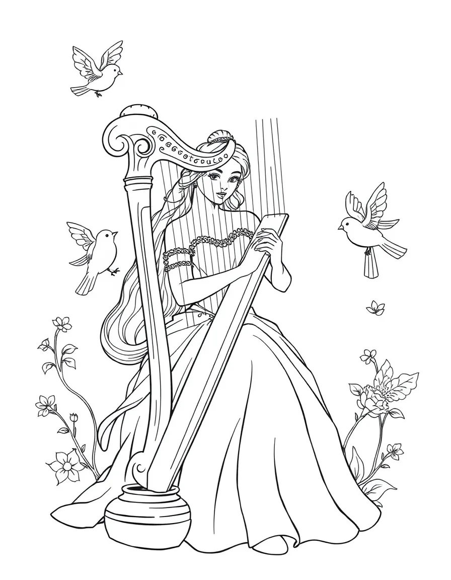 A princess playing a beautiful harp, with birds singing along to her music.