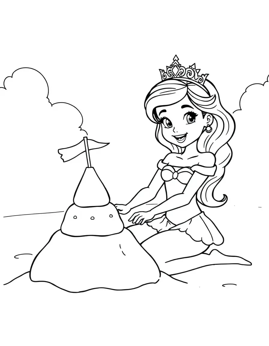 A princess building a sandcastle on a sunny beach, wearing a pretty swimsuit and a crown.