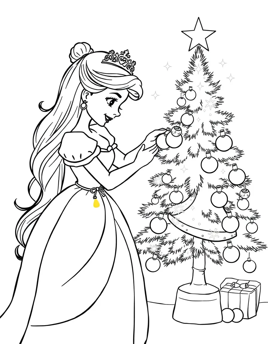 A princess decorating a Christmas tree with sparkling ornaments and twinkling lights.