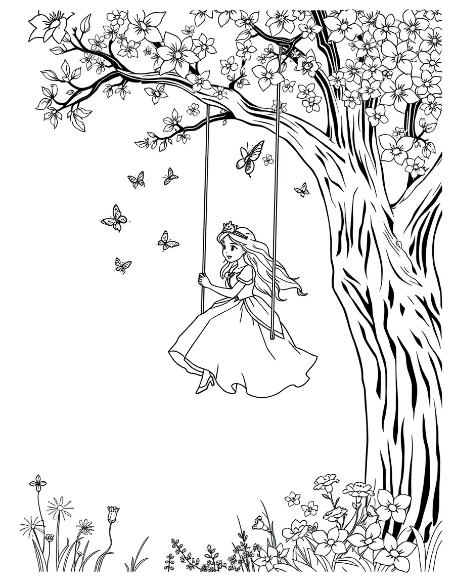 A princess on a swing, high up in a tree, with butterflies fluttering around her.