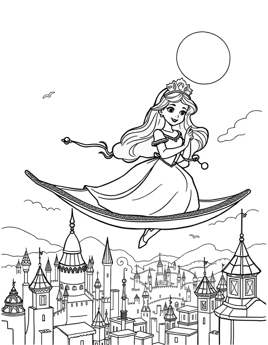 A princess flying on a magic carpet over a fantastical cityscape.