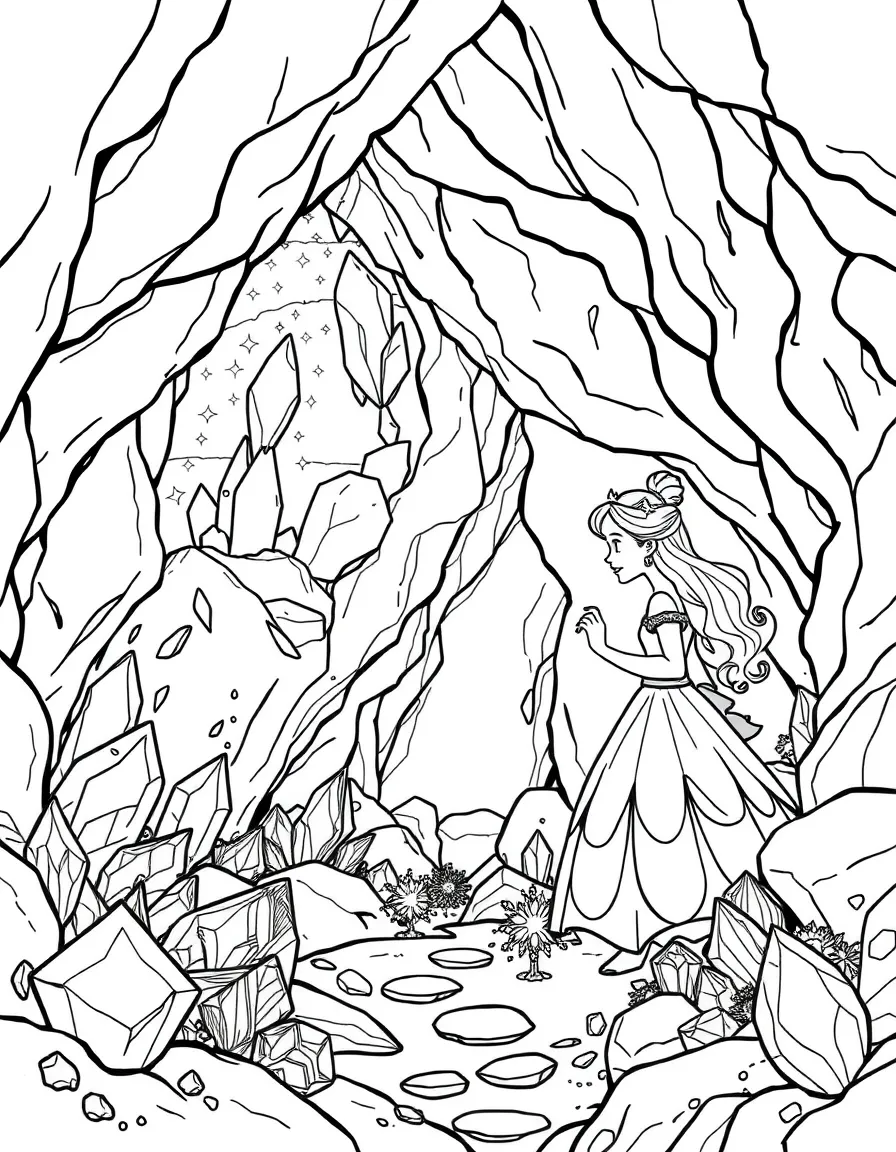 A princess exploring a hidden cave filled with glistening crystals and sparkling gems.