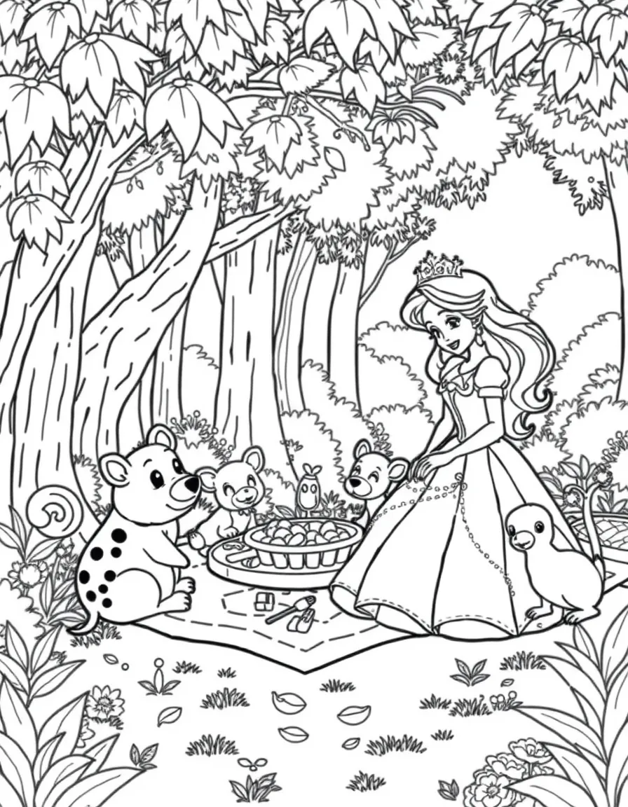 A princess having a picnic with her animal friends in a lush, green forest.