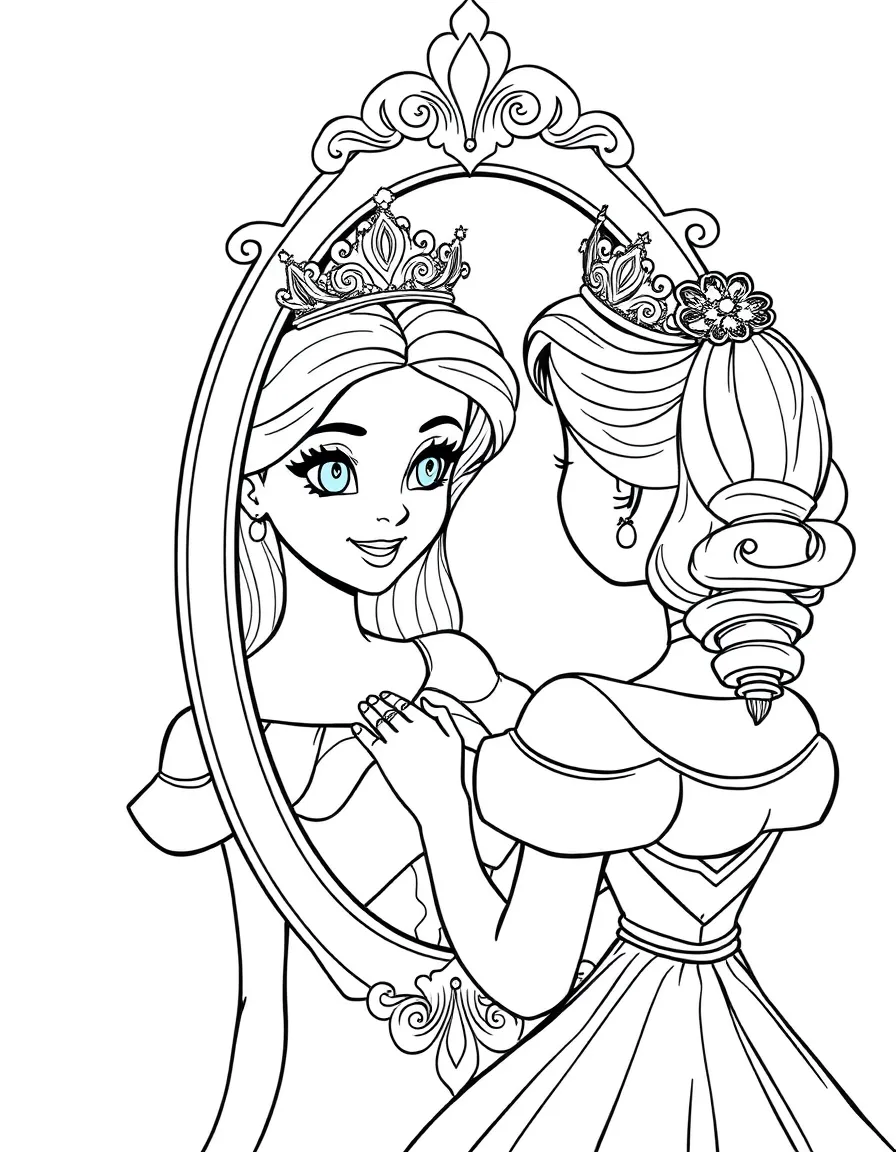 A princess admiring her reflection in a magical mirror, adorned with a lovely tiara.