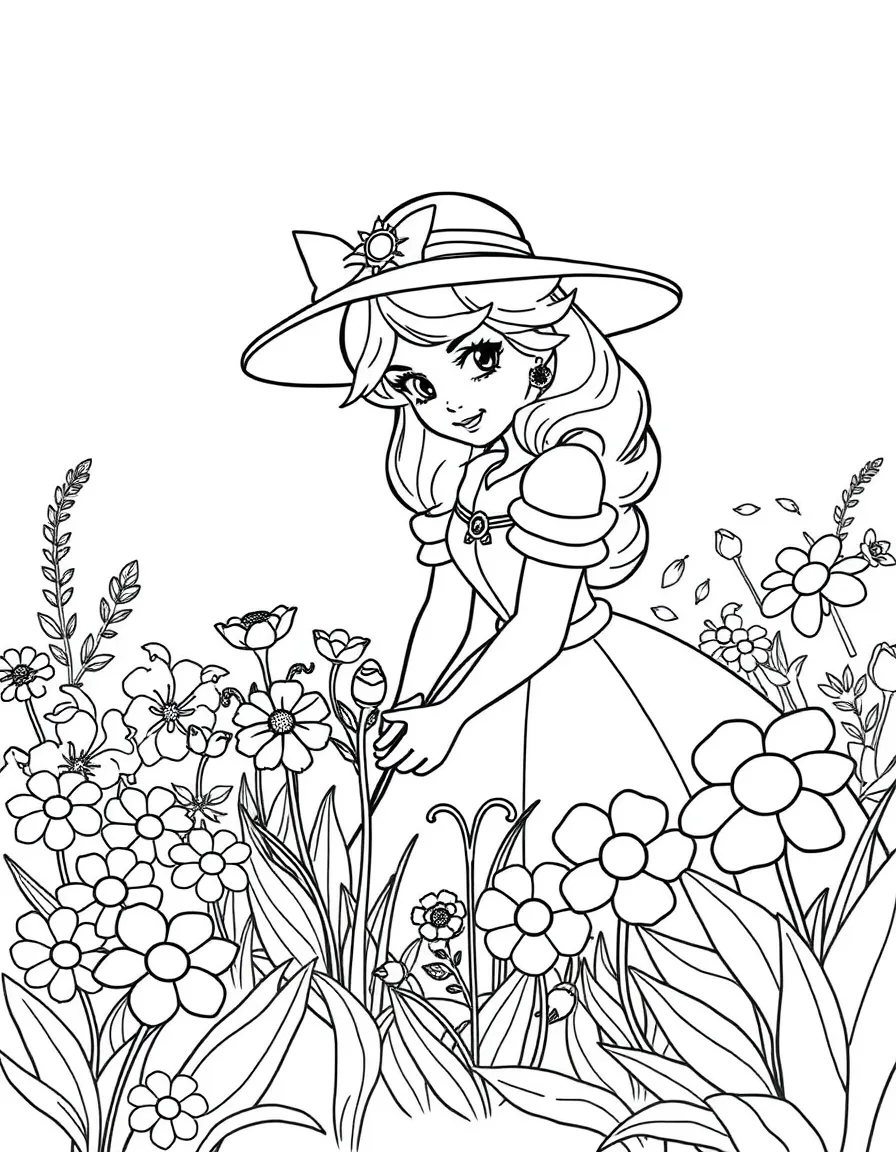 A princess planting flowers in a vibrant garden, wearing a wide-brimmed hat.