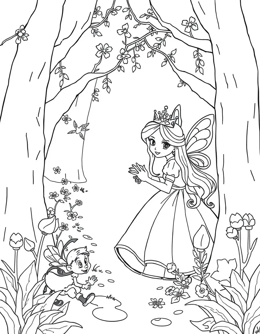 A princess playing hide-and-seek with a mischievous fairy in a whimsical forest.