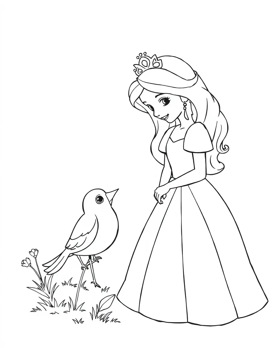 A princess helping a lost little bird find its way home, gentle and caring.