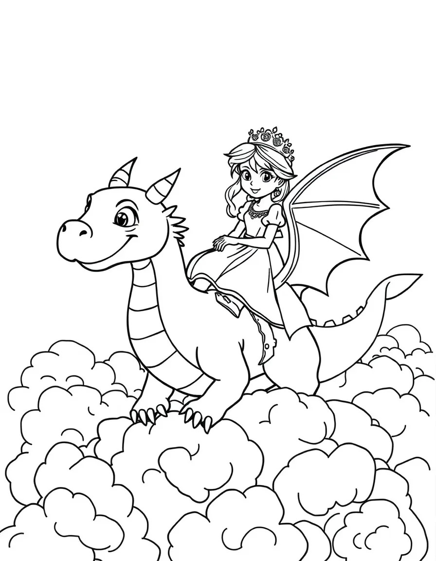 A princess riding a friendly dragon through fluffy clouds, looking adventurous.