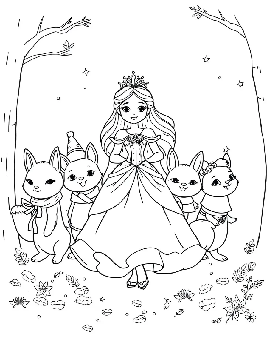 A princess leading a parade of adorable woodland creatures, all in festive attire.