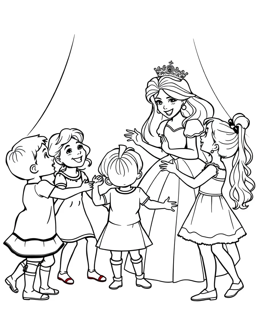A princess teaching a group of young children how to dance, laughing happily.