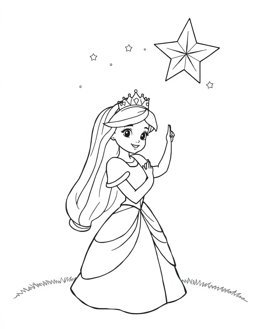A princess making a wish upon a shooting star, with a hopeful expression.