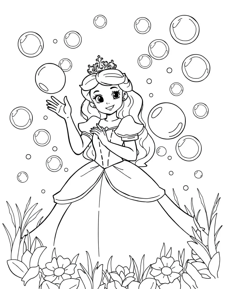 A princess surrounded by floating bubbles, reaching out to pop one playfully.