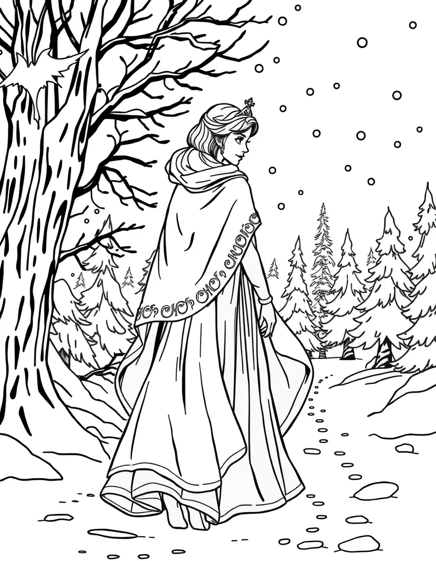 A princess wearing a beautiful cloak, walking through a snowy wonderland.