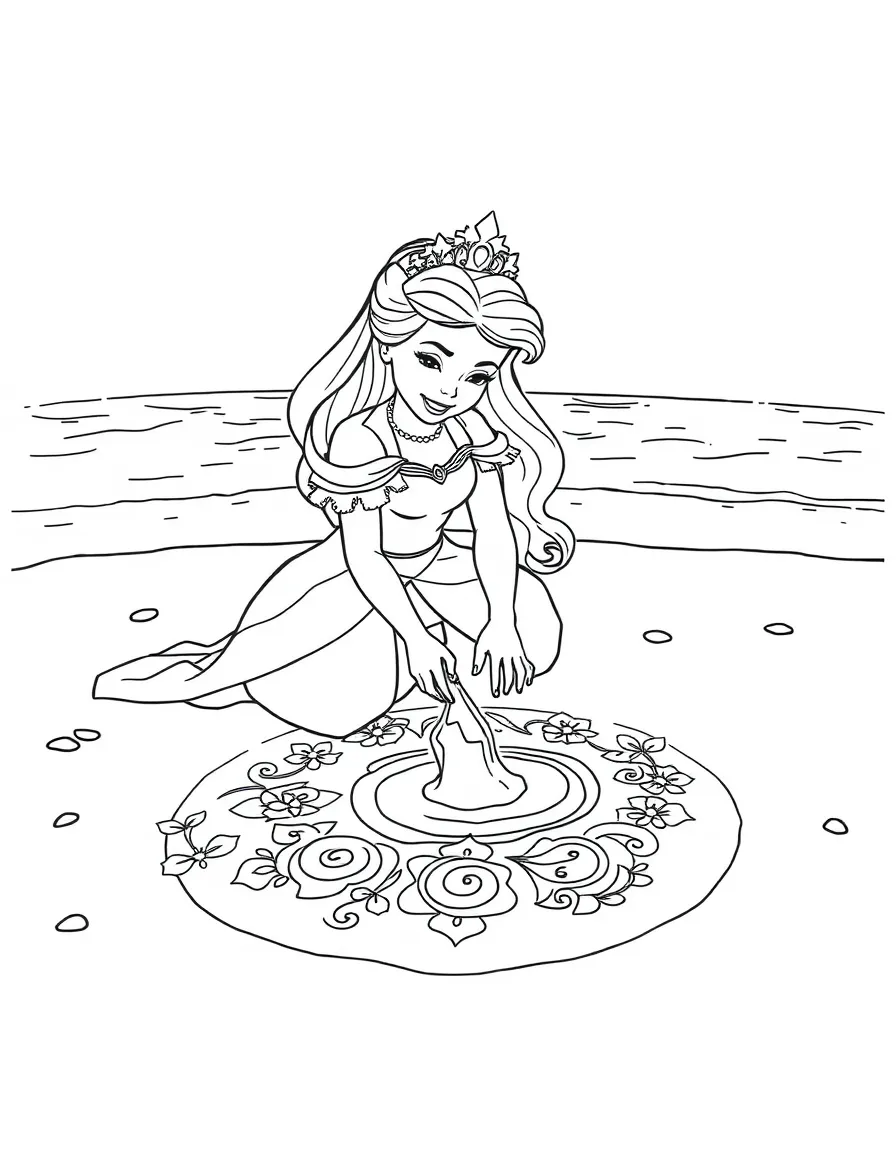 A princess creating a beautiful sand art design on a magical beach.