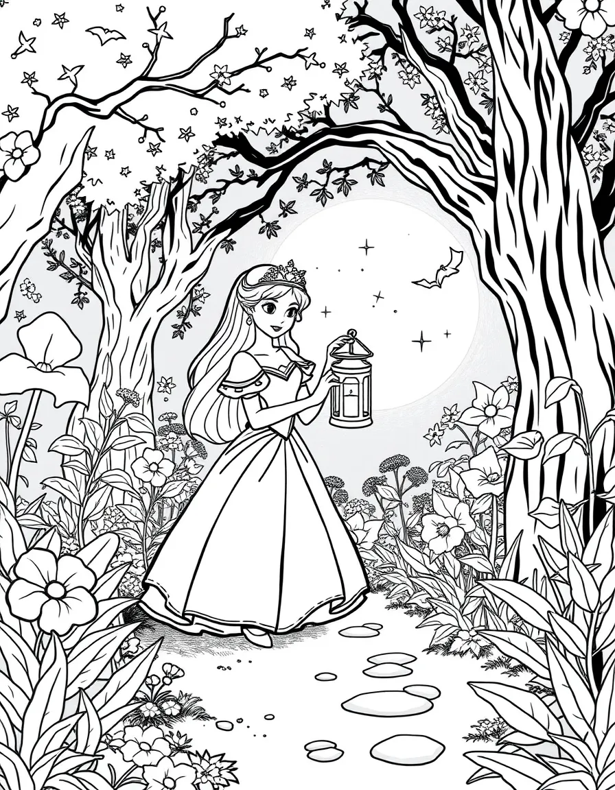 A princess holding a lantern, exploring a mysterious, moonlit garden.
