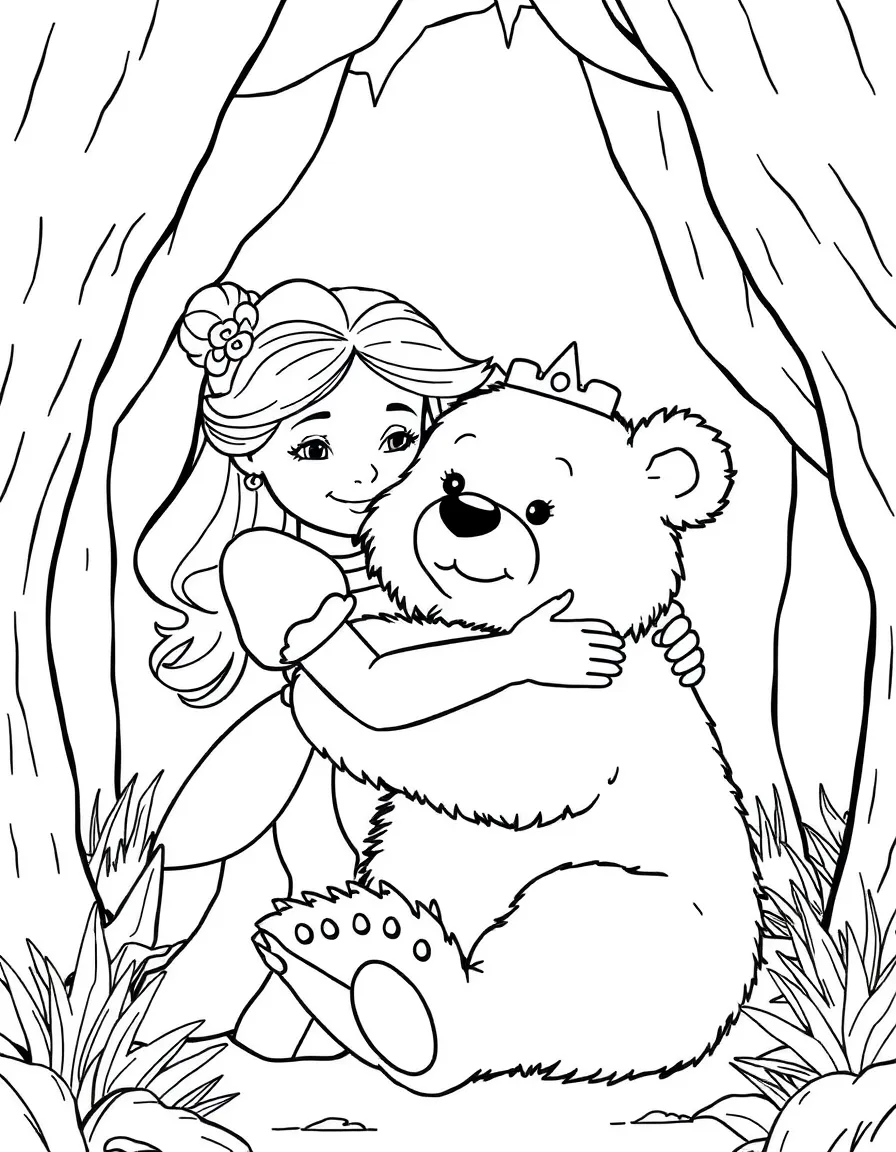 A princess giving a big hug to a fluffy, friendly bear in a cozy den.