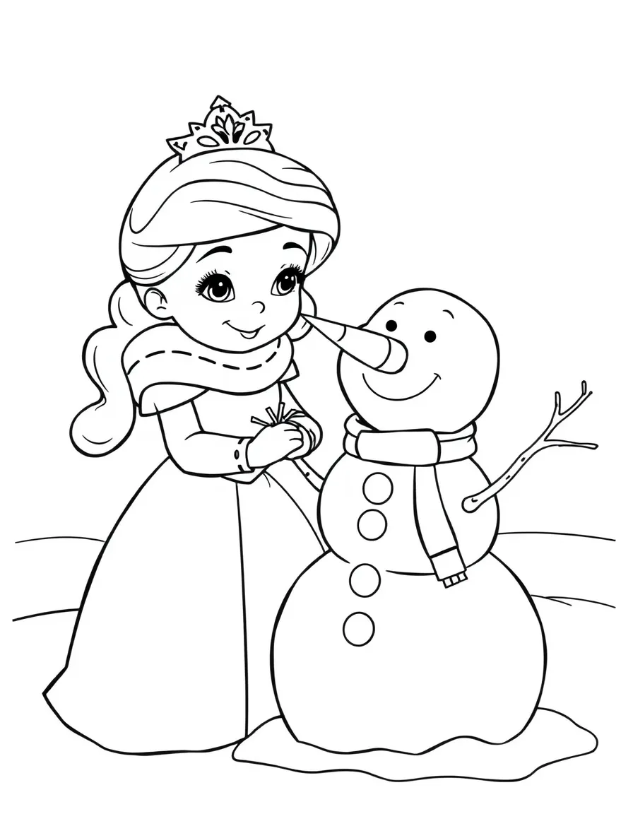 A princess building a snowman with a funny carrot nose and twig arms.