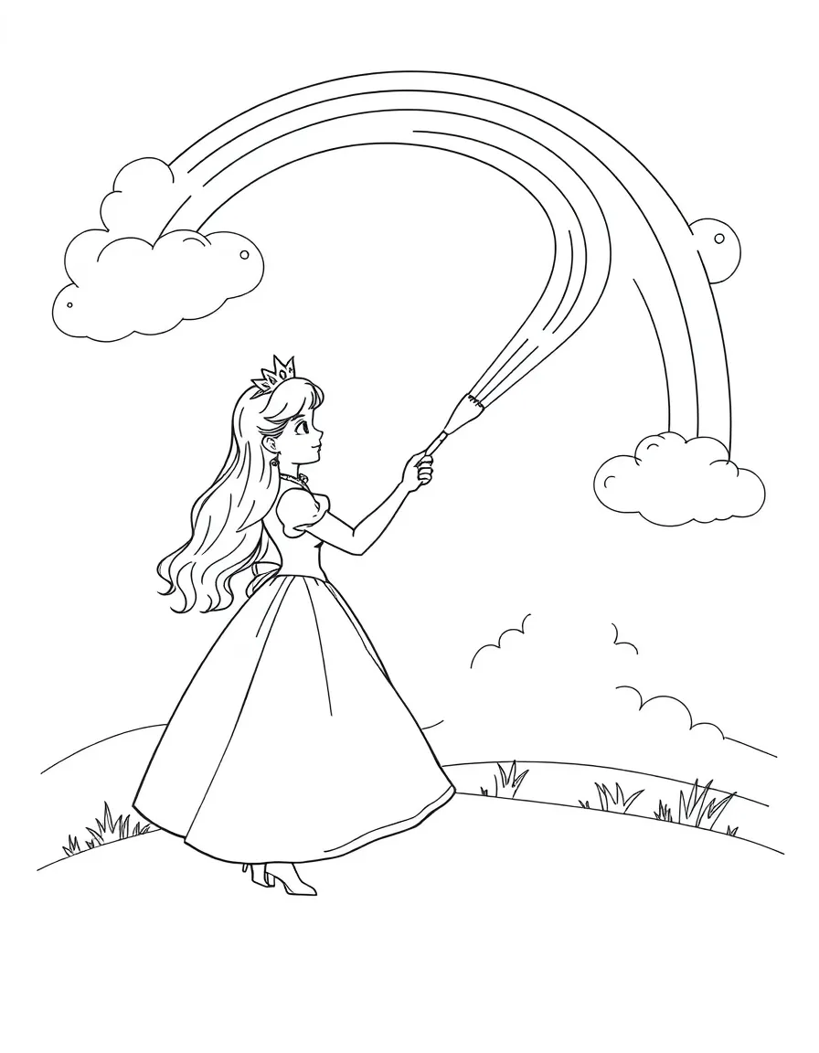 A princess painting a rainbow in the sky with a magical paintbrush.