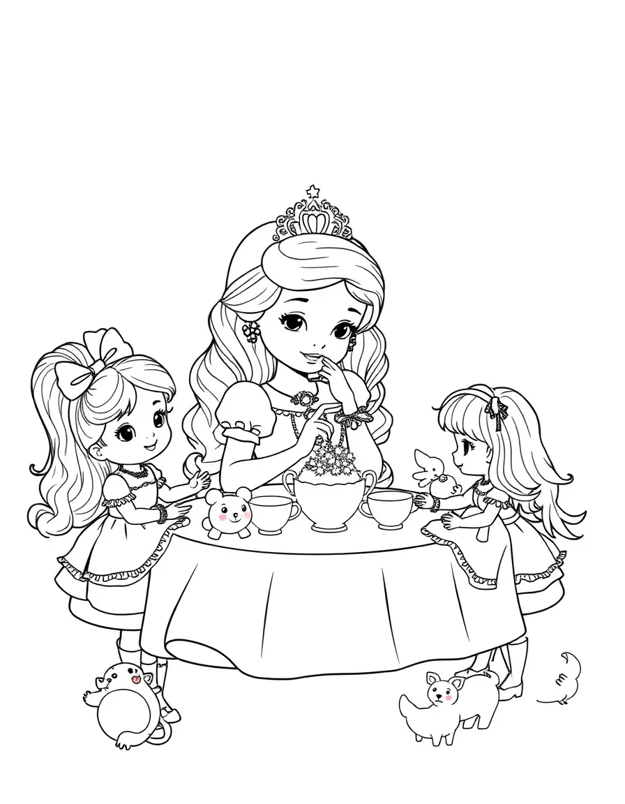 A princess having a tea party with her dolls and stuffed animals, dainty and sweet.