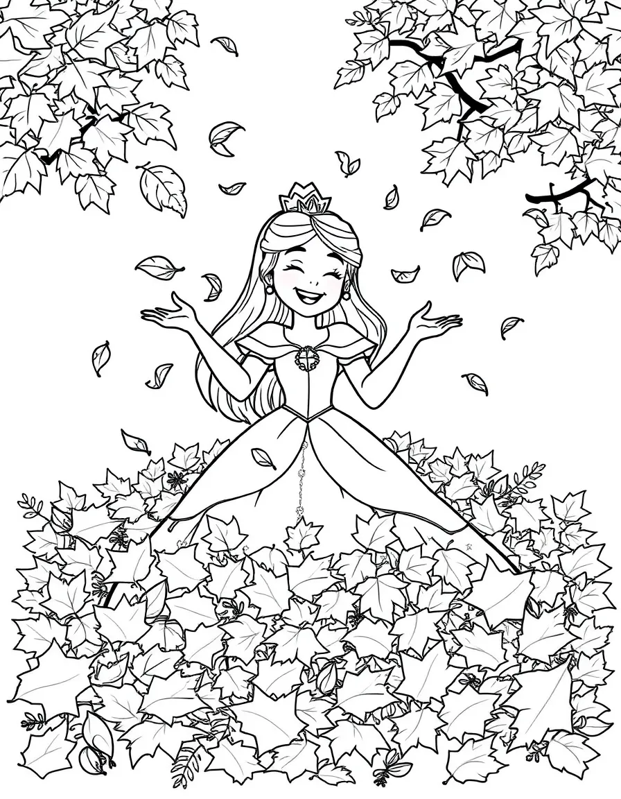 A princess playing in a pile of autumn leaves, laughing and throwing them around.