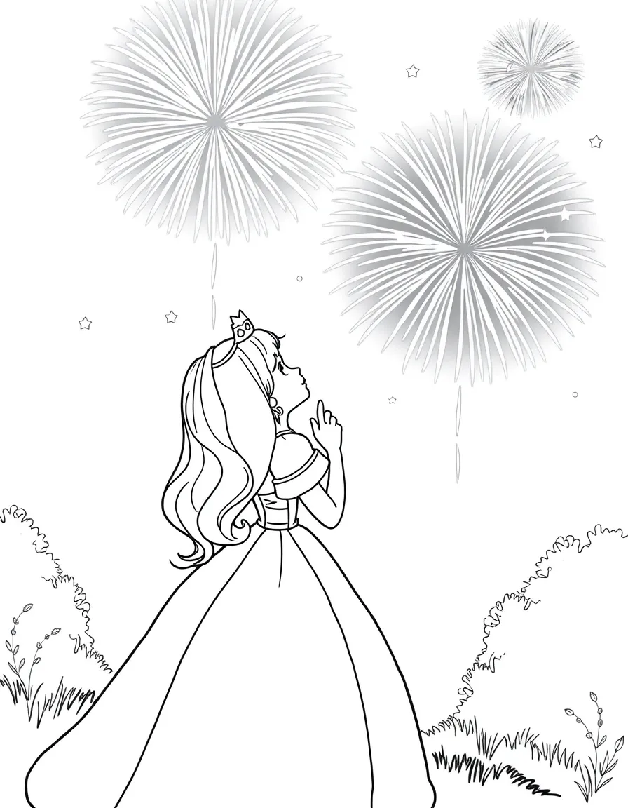 A princess watching fireworks explode in the night sky, amazed and delighted.