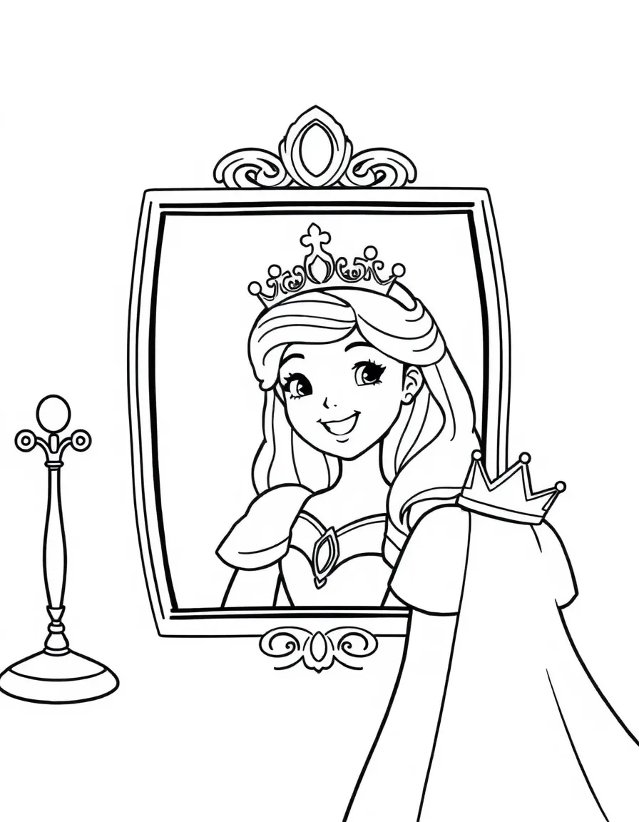 A princess trying on different crowns and tiaras, smiling in front of a mirror.