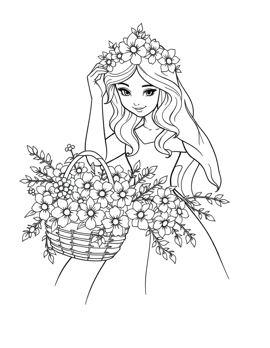 A princess making a flower crown with a basket full of fresh blossoms.