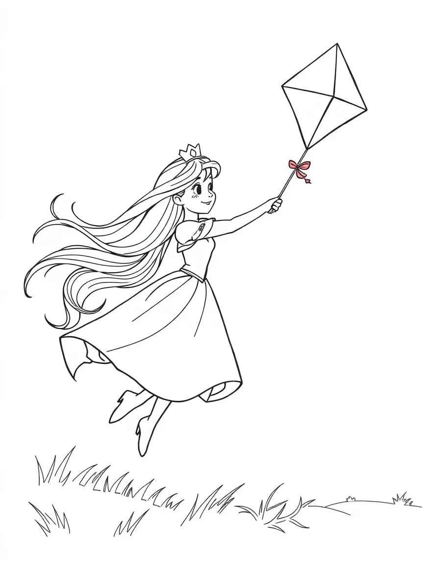 A princess flying a colorful kite on a windy day, with her long hair streaming.