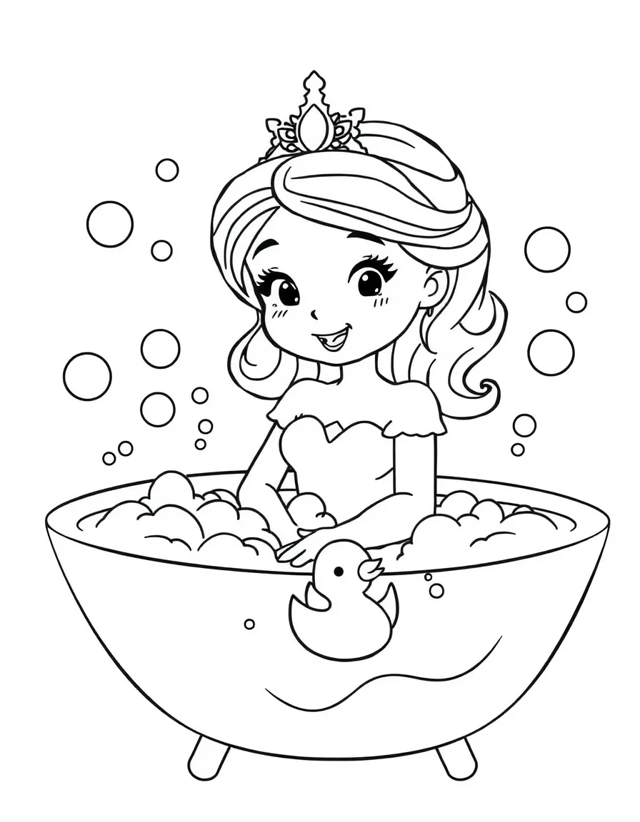 A princess taking a bubble bath, with lots of foamy bubbles and a rubber ducky.