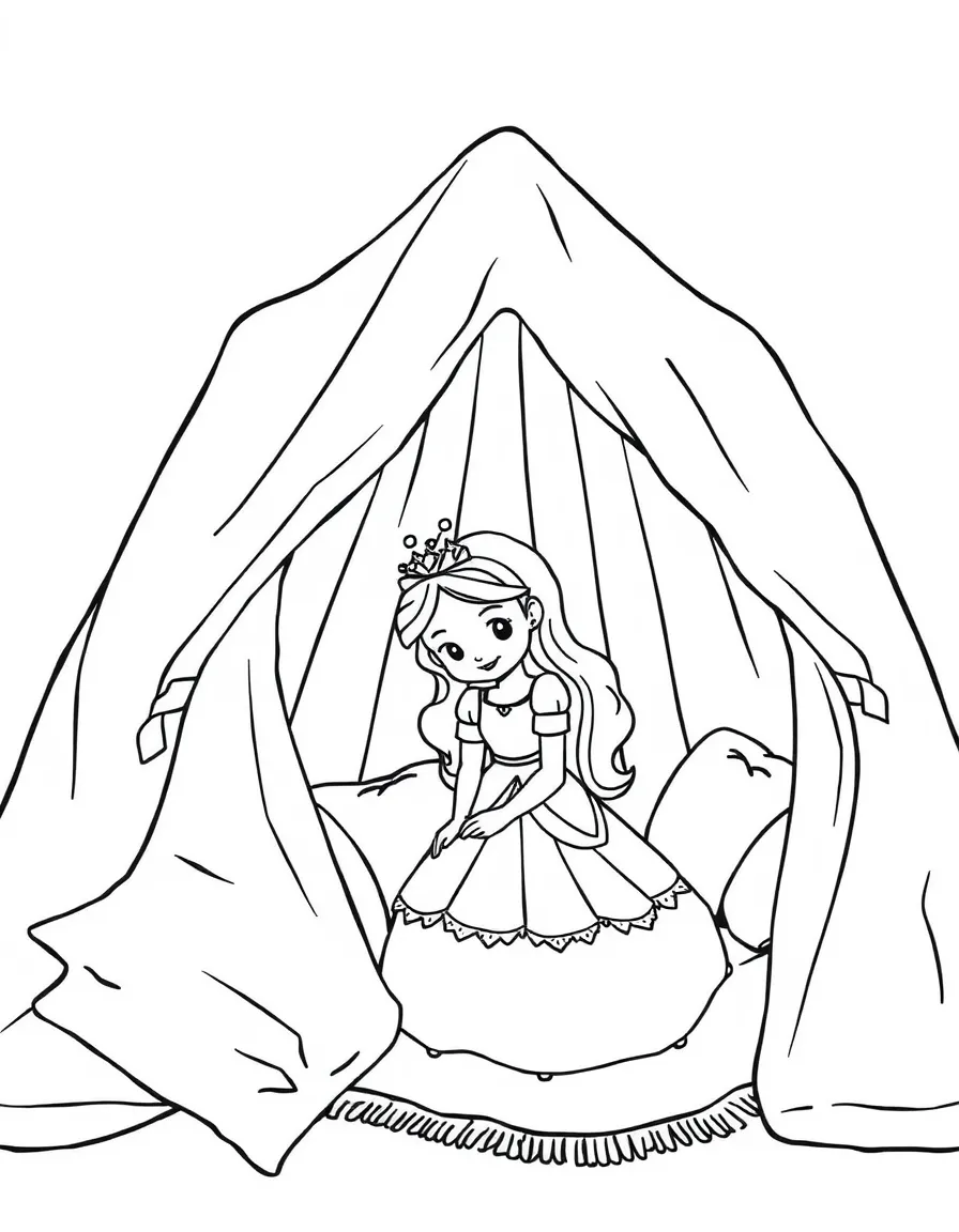 A princess building a fort out of blankets and pillows, cozy and secret.