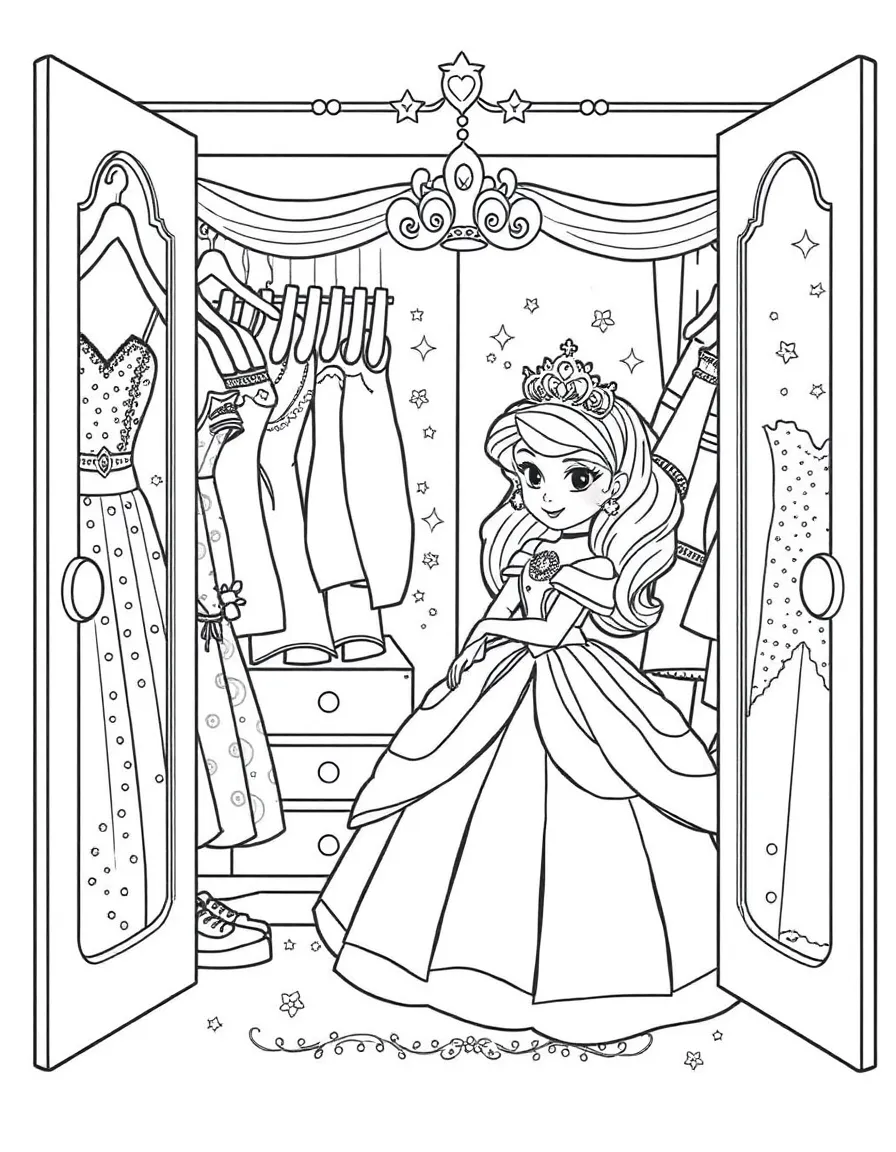 A princess playing dress-up in her royal closet, surrounded by sparkly clothes.