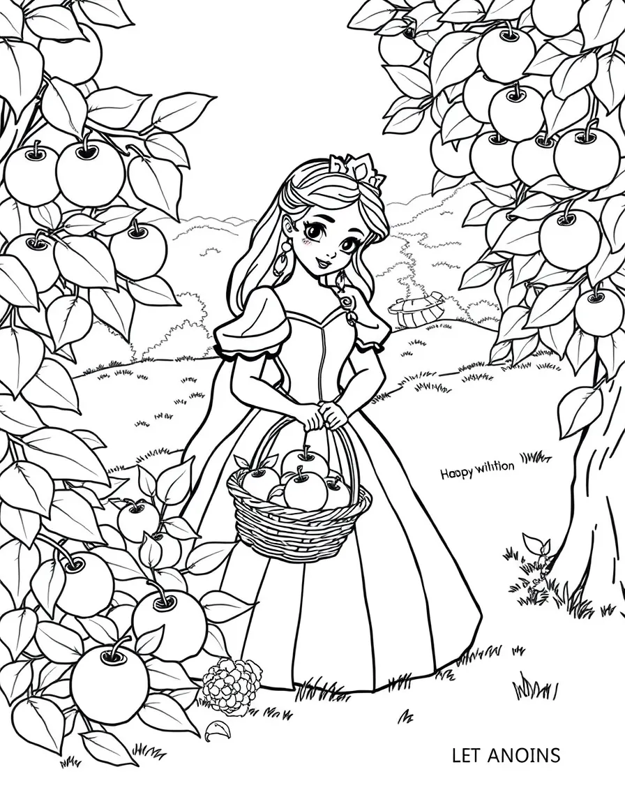 A princess with a basket of apples, picking them from a bountiful orchard.