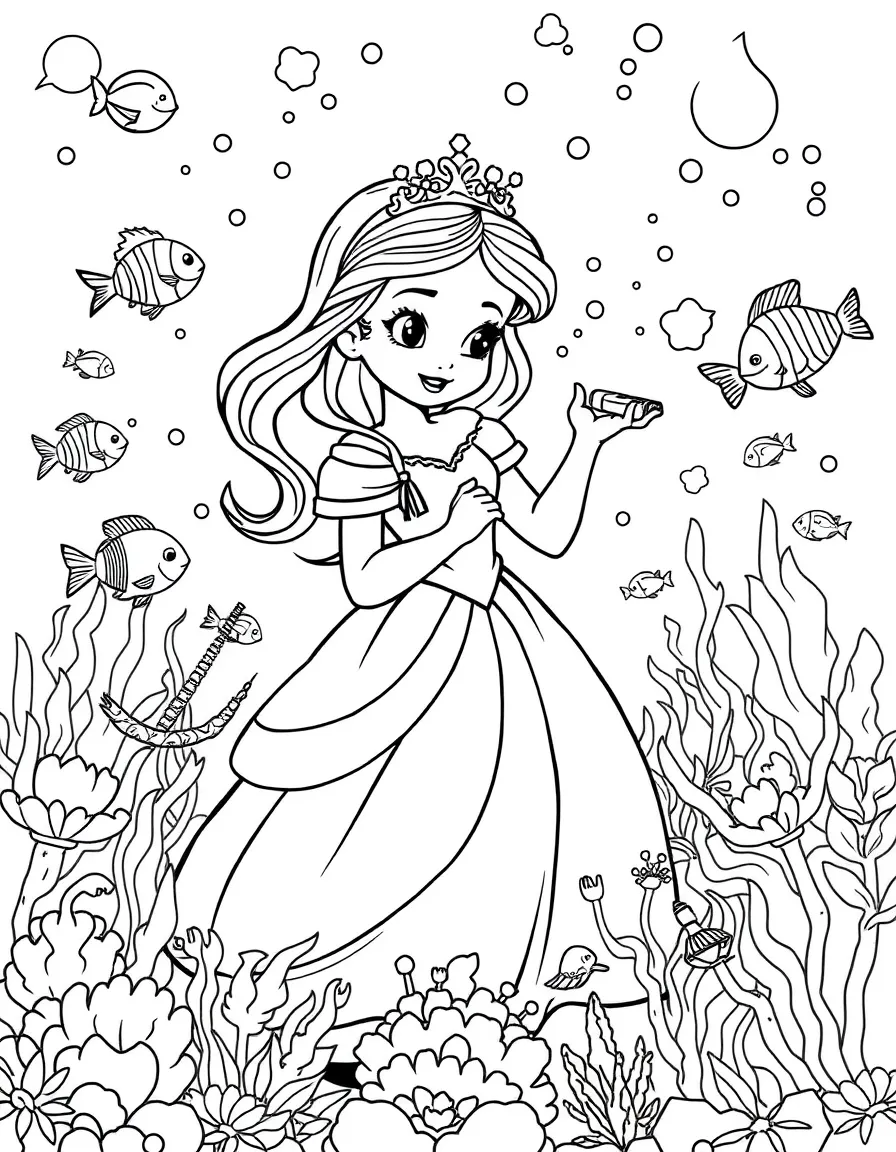 A princess exploring a magical underwater kingdom, surrounded by colorful fish.