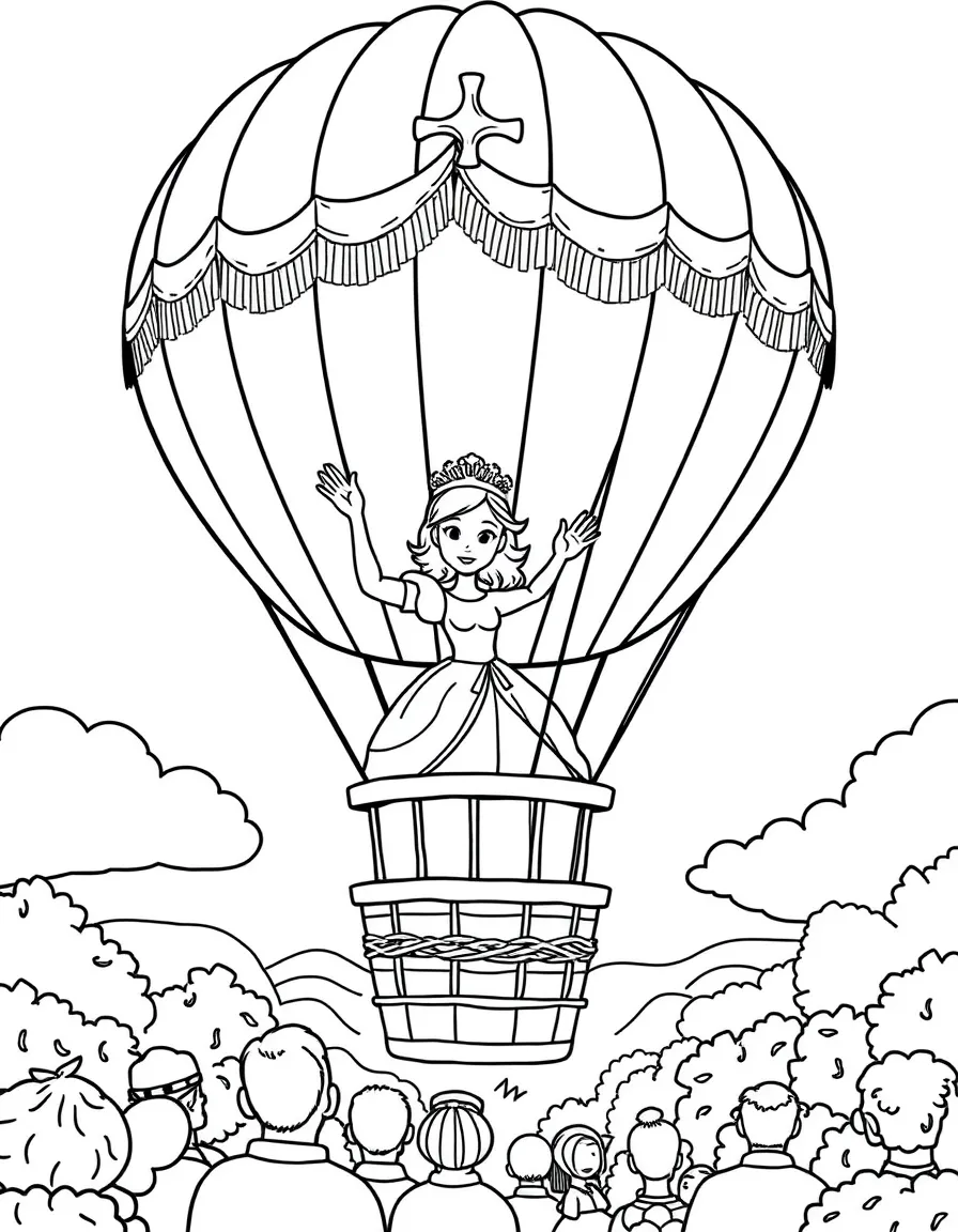A princess on a hot air balloon ride, waving to the people below.