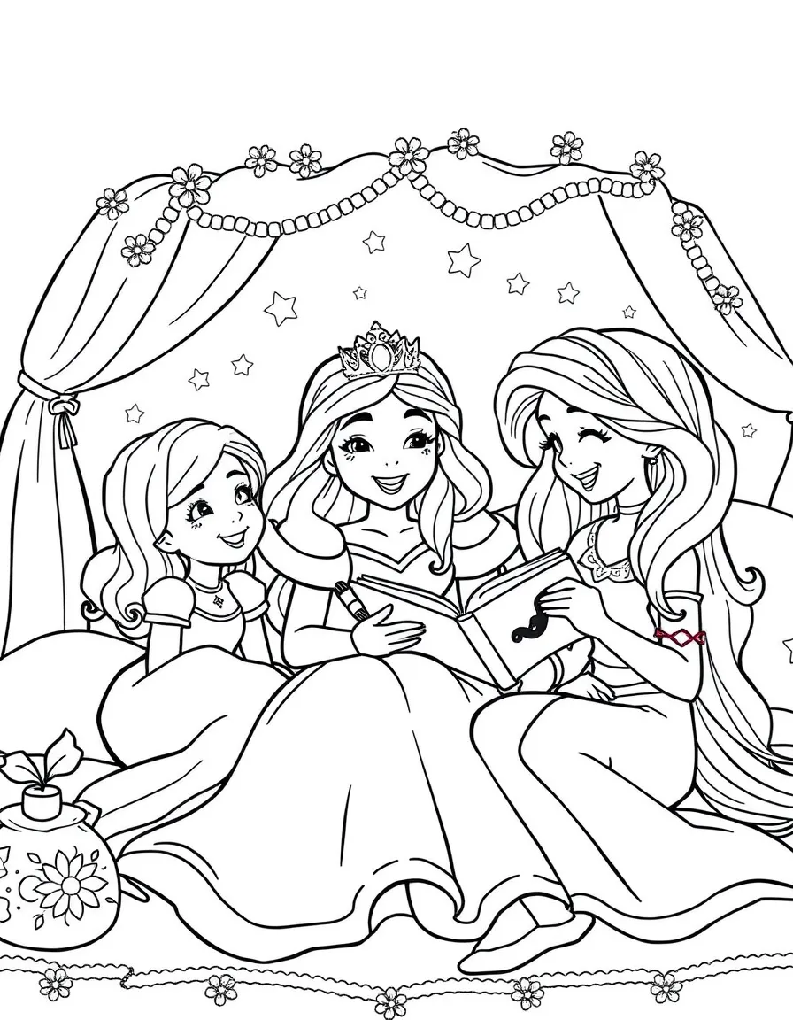 A princess having a slumber party with her best friends, giggling and telling stories.